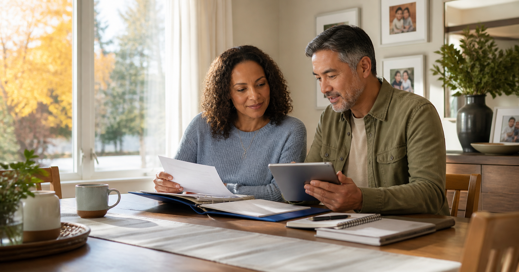Life insurance policy review with a couple reviewing coverage at home